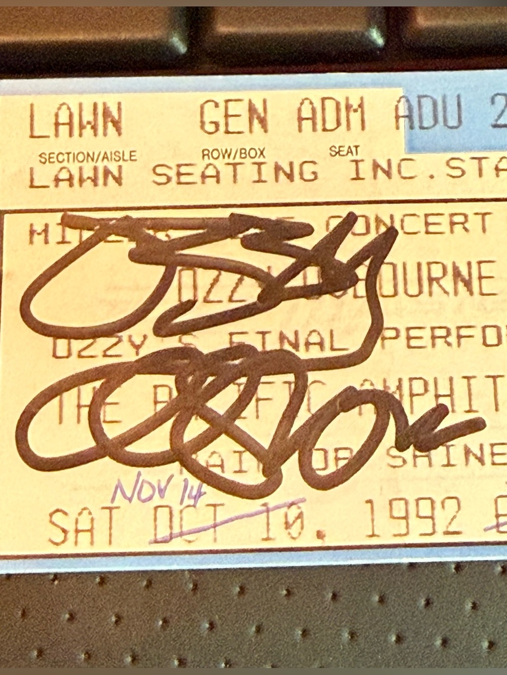 Signed Ozzy Osbourne Ticket Stub 1992
